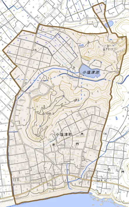 小塩津町とその周辺の地図。町の範囲を重ねている