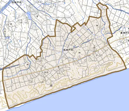 南神戸町とその周辺の地図。町の範囲を重ねている