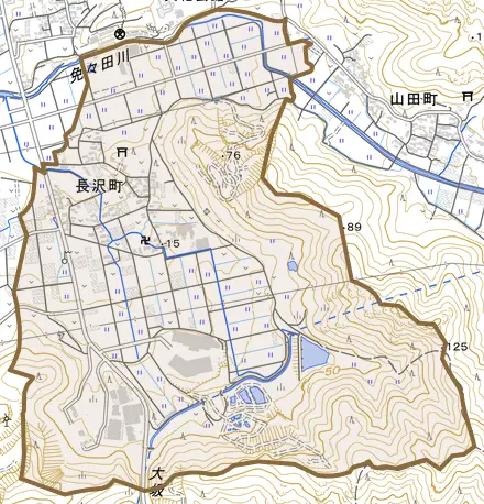 長沢町とその周辺の地図。町の範囲を重ねている