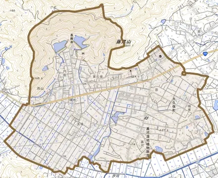 大久保町とその周辺の地図。町の範囲を重ねている