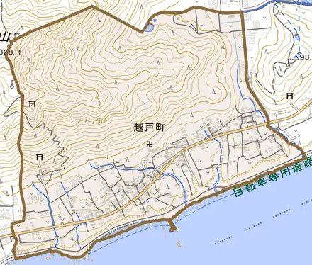 越戸町とその周辺の地図。町の範囲を重ねている