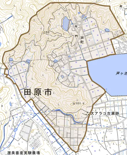 芦町とその周辺の地図。町の範囲を重ねている