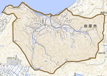 仁崎町とその周辺の地図。町の範囲を重ねている