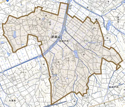 西神戸町とその周辺の地図。町の範囲を重ねている