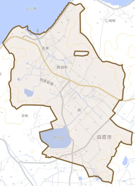 野田町とその周辺の地図。町の範囲を重ねている