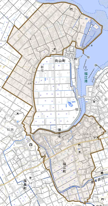 福江町とその周辺の地図。町の範囲を重ねている