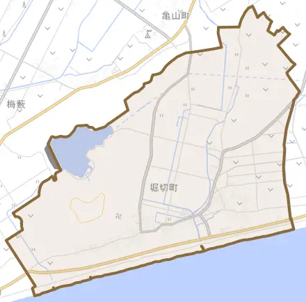 堀切町とその周辺の地図。町の範囲を重ねている