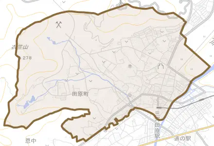 田原町とその周辺の地図。町の範囲を重ねている