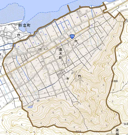 高木町とその周辺の地図。町の範囲を重ねている