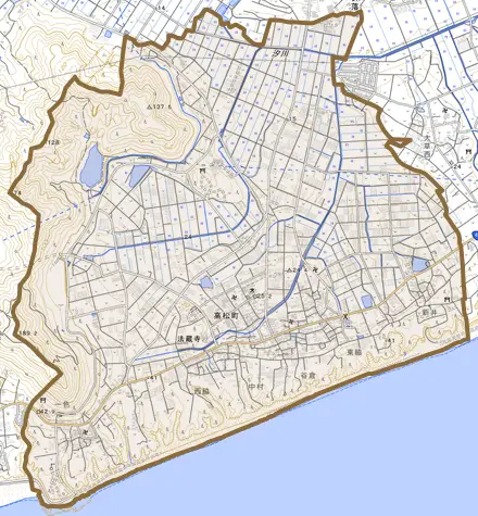 高松町とその周辺の地図。町の範囲を重ねている