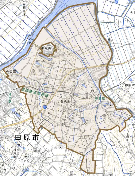 豊島町とその周辺の地図。町の範囲を重ねている