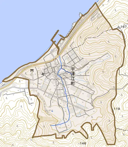 宇津江町とその周辺の地図。町の範囲を重ねている