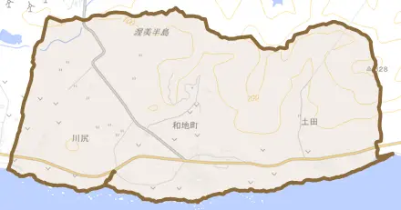和地町とその周辺の地図。町の範囲を重ねている