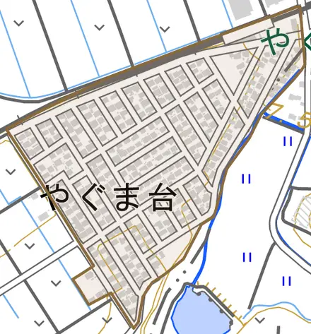 やぐま台とその周辺の地図。町の範囲を重ねている