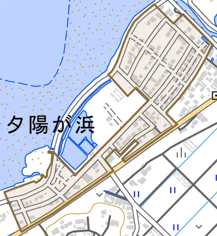 夕陽が浜とその周辺の地図。町の範囲を重ねている