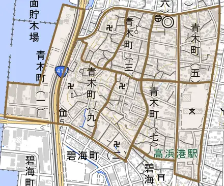 青木町とその周辺の地図。町の範囲を重ねている