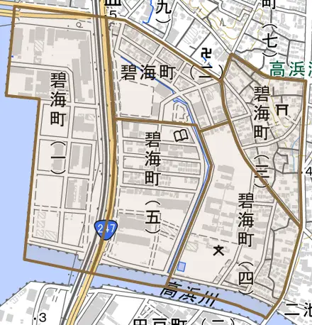 碧海町とその周辺の地図。町の範囲を重ねている