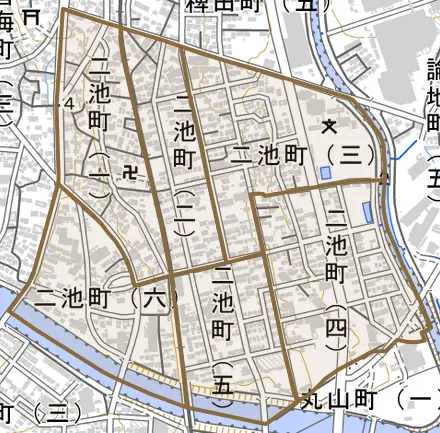 二池町とその周辺の地図。町の範囲を重ねている