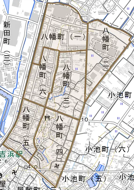 八幡町とその周辺の地図。町の範囲を重ねている
