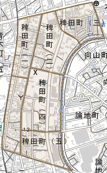 稗田町とその周辺の地図。町の範囲を重ねている