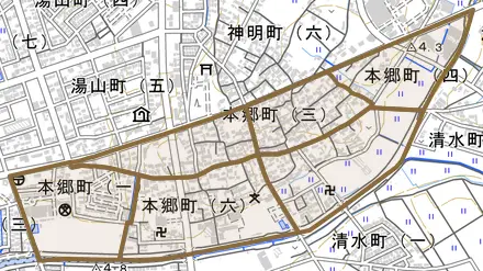 本郷町とその周辺の地図。町の範囲を重ねている