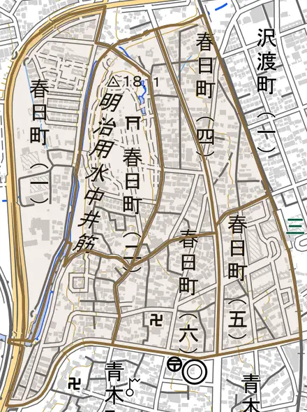 春日町とその周辺の地図。町の範囲を重ねている