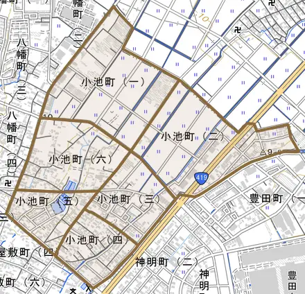 小池町とその周辺の地図。町の範囲を重ねている