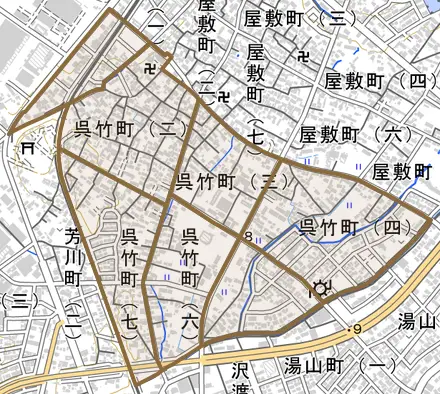 呉竹町とその周辺の地図。町の範囲を重ねている