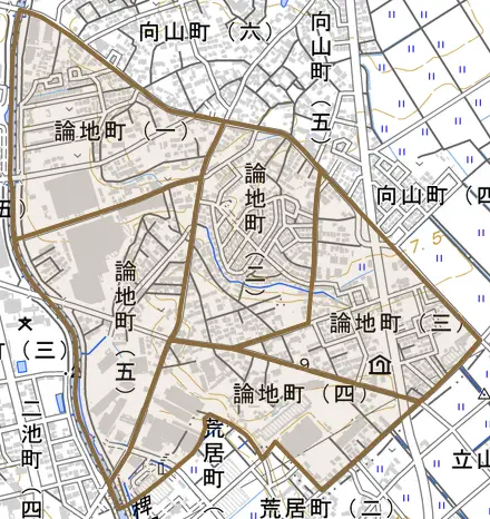論地町とその周辺の地図。町の範囲を重ねている