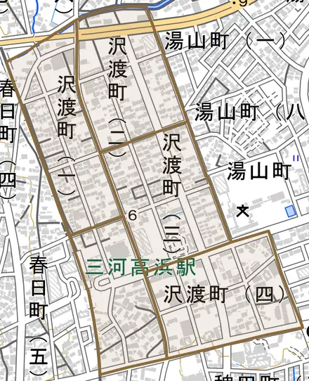 沢渡町とその周辺の地図。町の範囲を重ねている