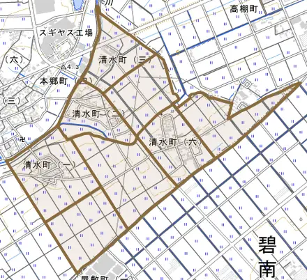 清水町とその周辺の地図。町の範囲を重ねている