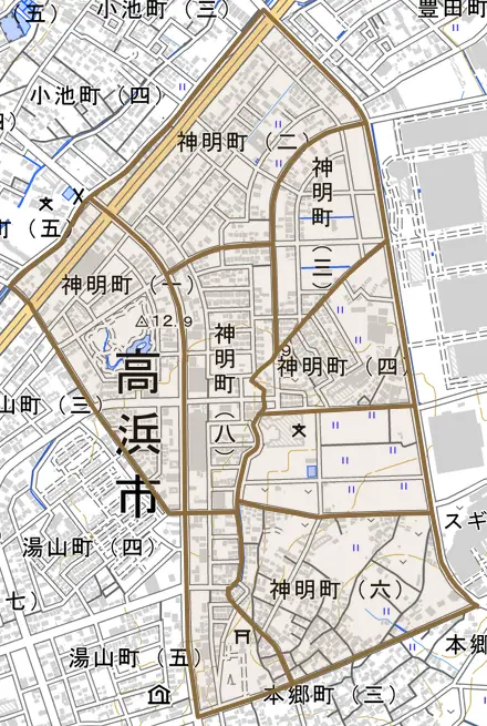 神明町とその周辺の地図。町の範囲を重ねている