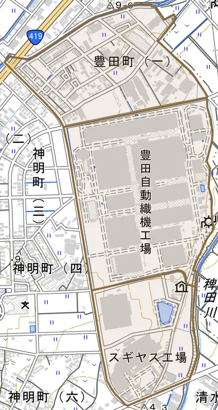 豊田町とその周辺の地図。町の範囲を重ねている