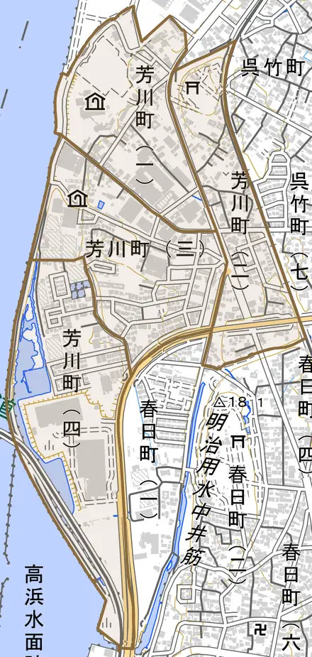 芳川町とその周辺の地図。町の範囲を重ねている