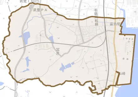 大字冨貴とその周辺の地図。町の範囲を重ねている