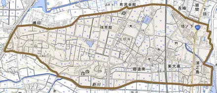 大字東大高とその周辺の地図。町の範囲を重ねている