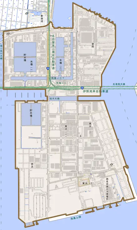 木場とその周辺の地図。町の範囲を重ねている