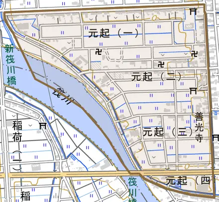 元起とその周辺の地図。町の範囲を重ねている