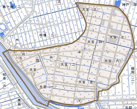 大宝とその周辺の地図。町の範囲を重ねている