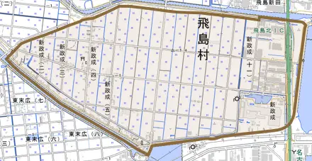 大字新政成とその周辺の地図。町の範囲を重ねている