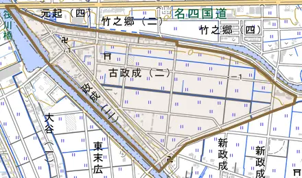 大字古政成とその周辺の地図。町の範囲を重ねている