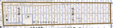 大字松之郷とその周辺の地図。町の範囲を重ねている