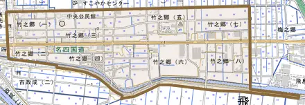 竹之郷とその周辺の地図。町の範囲を重ねている