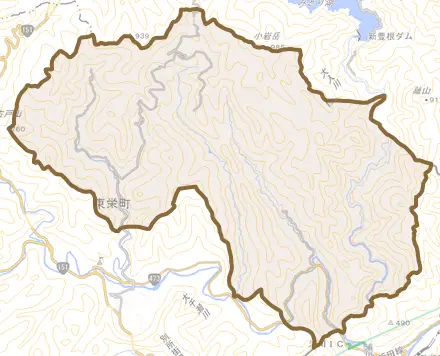 大字足込とその周辺の地図。町の範囲を重ねている