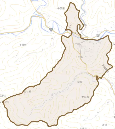 大字本郷とその周辺の地図。町の範囲を重ねている