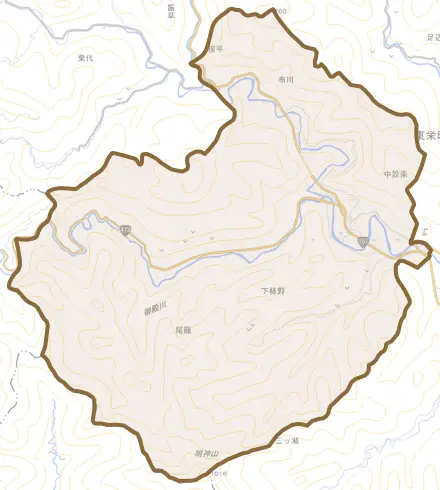 大字中設楽とその周辺の地図。町の範囲を重ねている