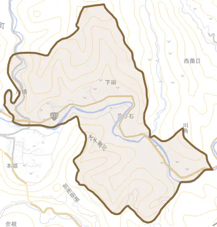 大字下田とその周辺の地図。町の範囲を重ねている