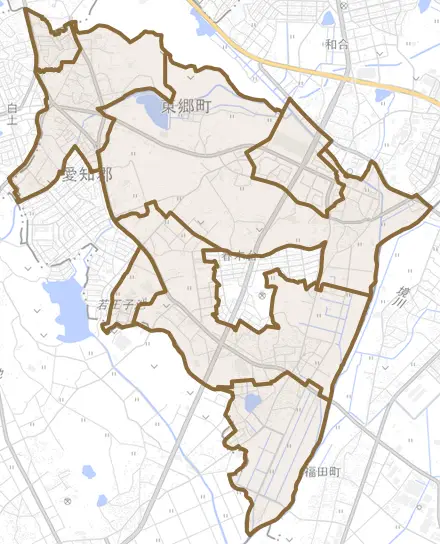 大字春木とその周辺の地図。町の範囲を重ねている