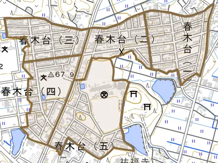 春木台とその周辺の地図。町の範囲を重ねている