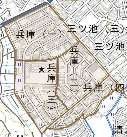 兵庫とその周辺の地図。町の範囲を重ねている